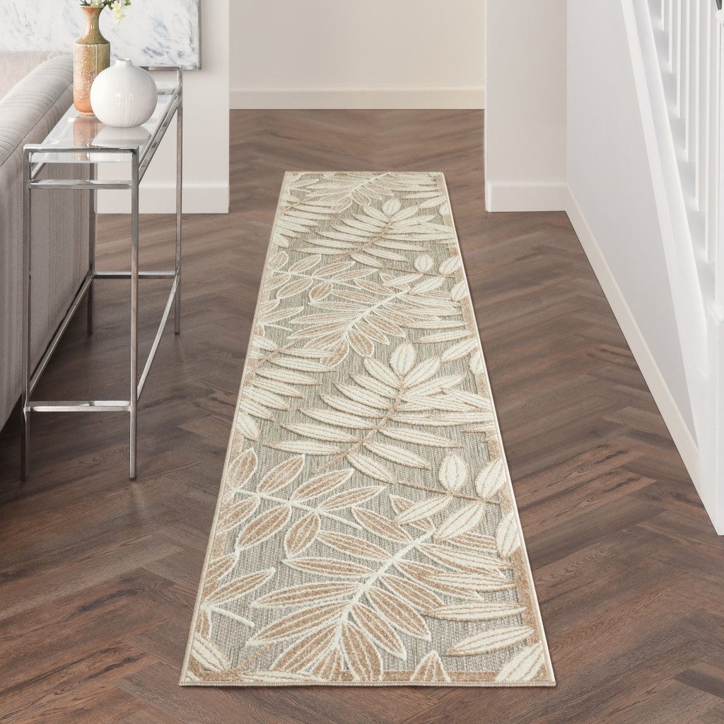 12′ Gray and Ivory Floral Indoor Outdoor Runner Rug