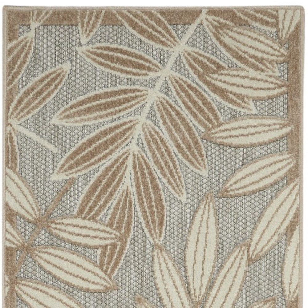 12′ Gray and Ivory Floral Indoor Outdoor Runner Rug