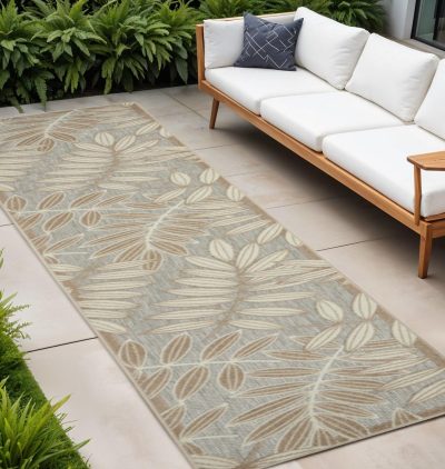 12′ Gray and Ivory Floral Indoor Outdoor Runner Rug