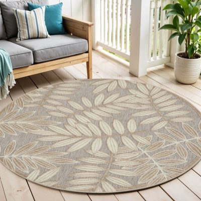 4′ Gray And Ivory Floral Indoor Outdoor Round Rug