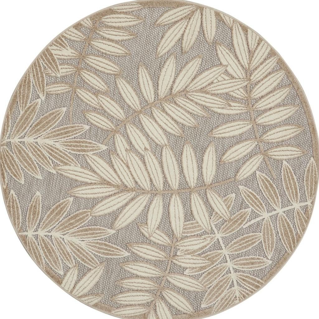 5′ Gray and Ivory Floral Indoor Outdoor Round Rug