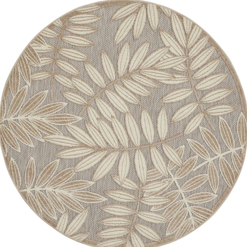 8′ Gray and Ivory Floral Indoor Outdoor Round Rug