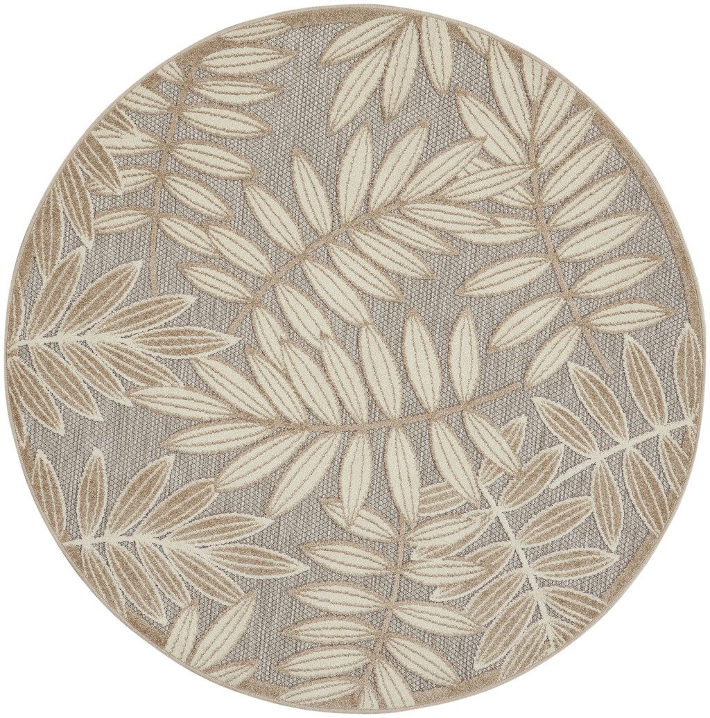 8′ Gray and Ivory Floral Indoor Outdoor Round Rug