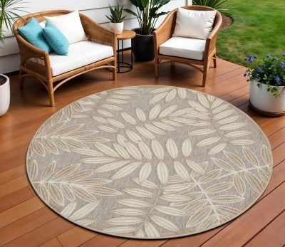 8′ Gray and Ivory Floral Indoor Outdoor Round Rug