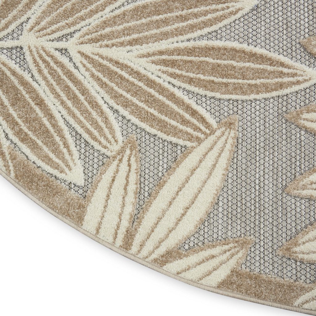 8′ Gray and Ivory Floral Indoor Outdoor Round Rug
