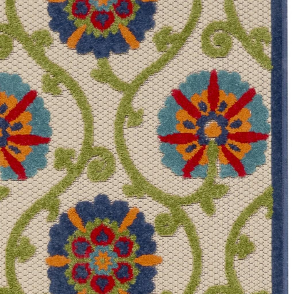 12′ Ivory and Blue Indoor Outdoor Runner Rug III