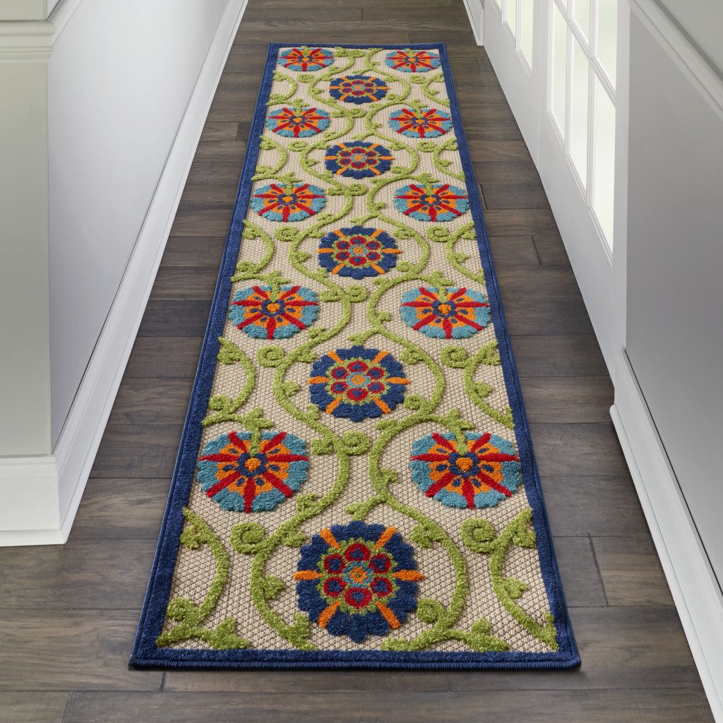 8′ Ivory and Blue Indoor Outdoor Area Rug II