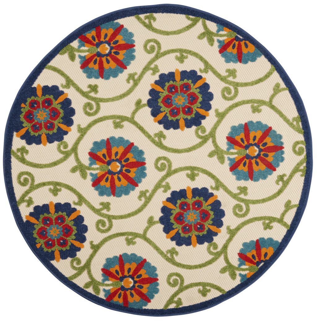 4′ Ivory and Blue Indoor Outdoor Round Rug IV