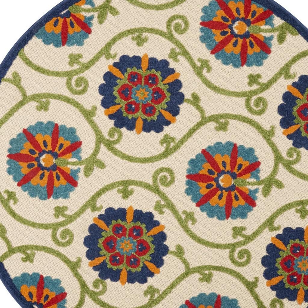 4′ Ivory and Blue Indoor Outdoor Round Rug IV