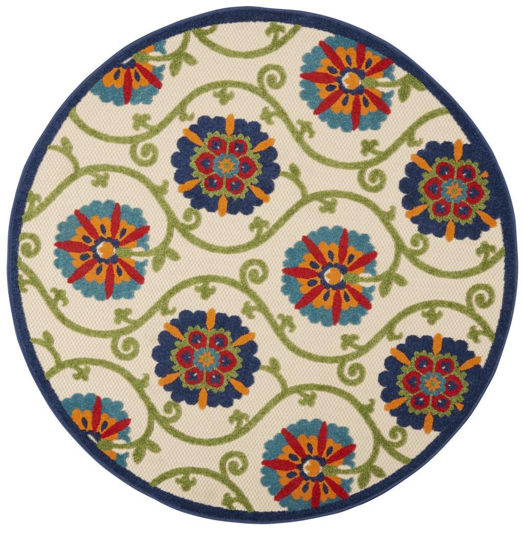 4′ Ivory and Blue Indoor Outdoor Round Rug IV