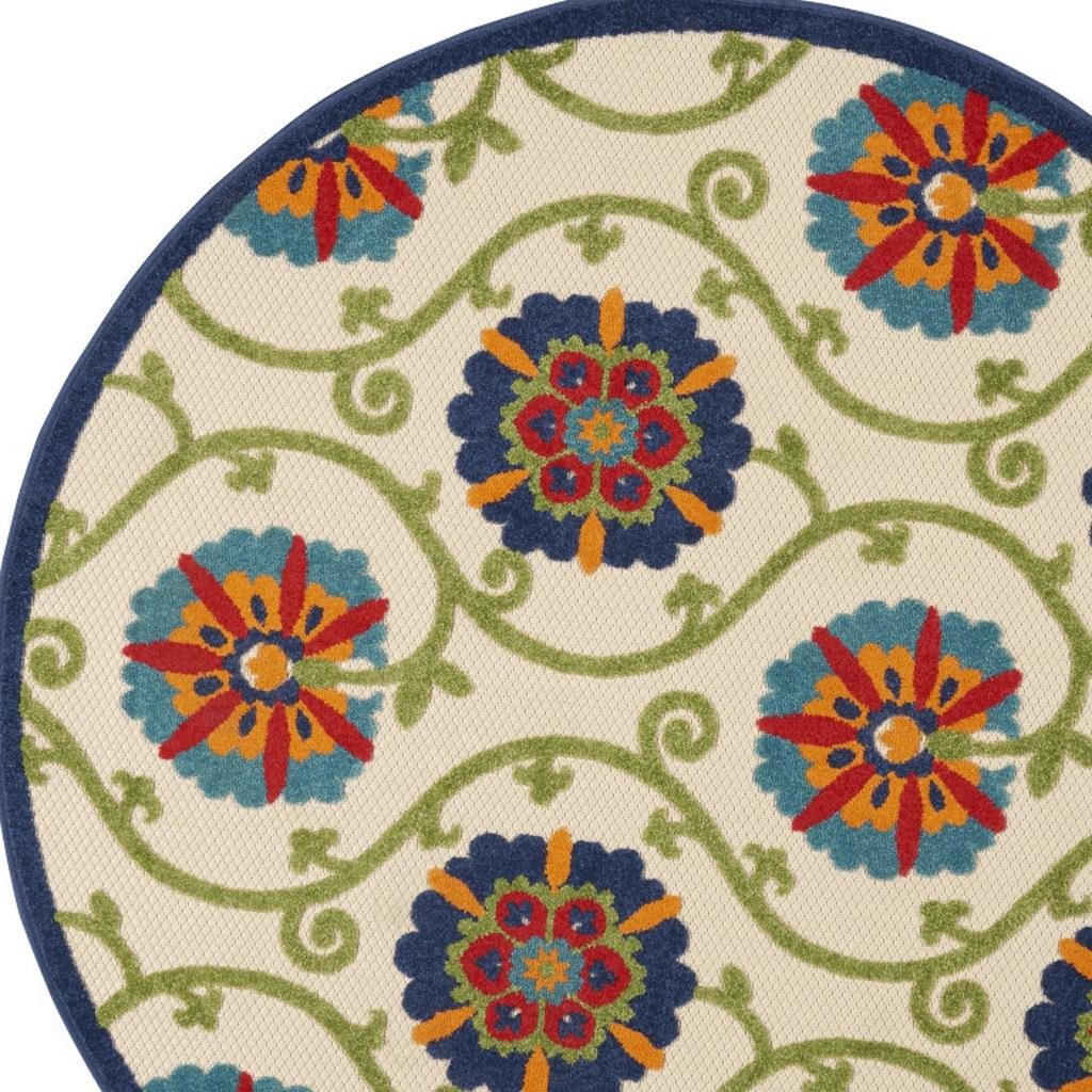 4′ Ivory and Blue Indoor Outdoor Round Rug IV