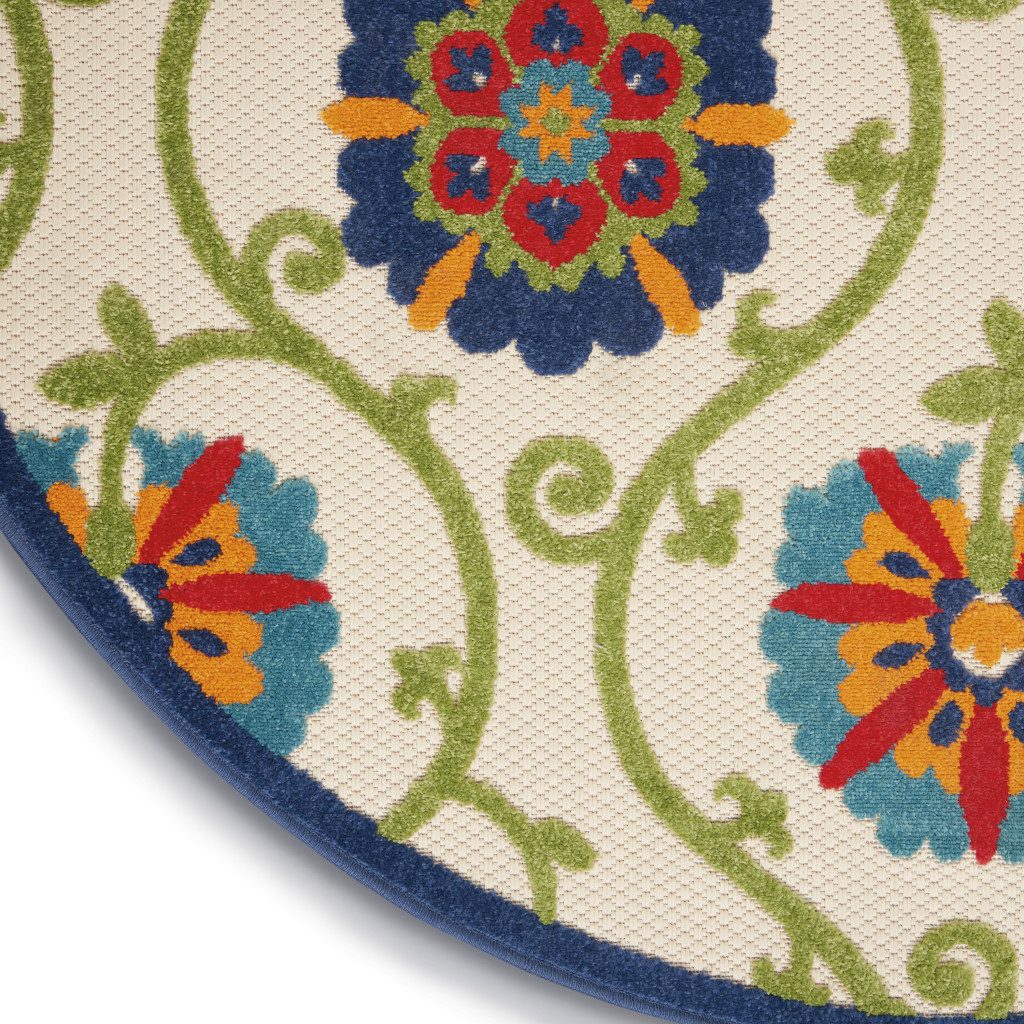 4′ Ivory and Blue Indoor Outdoor Round Rug IV