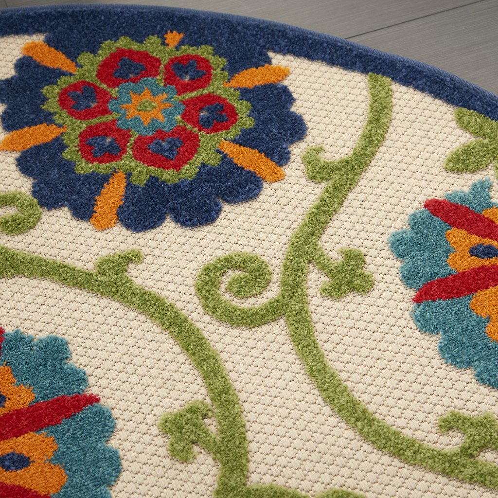 4′ Ivory and Blue Indoor Outdoor Round Rug IV