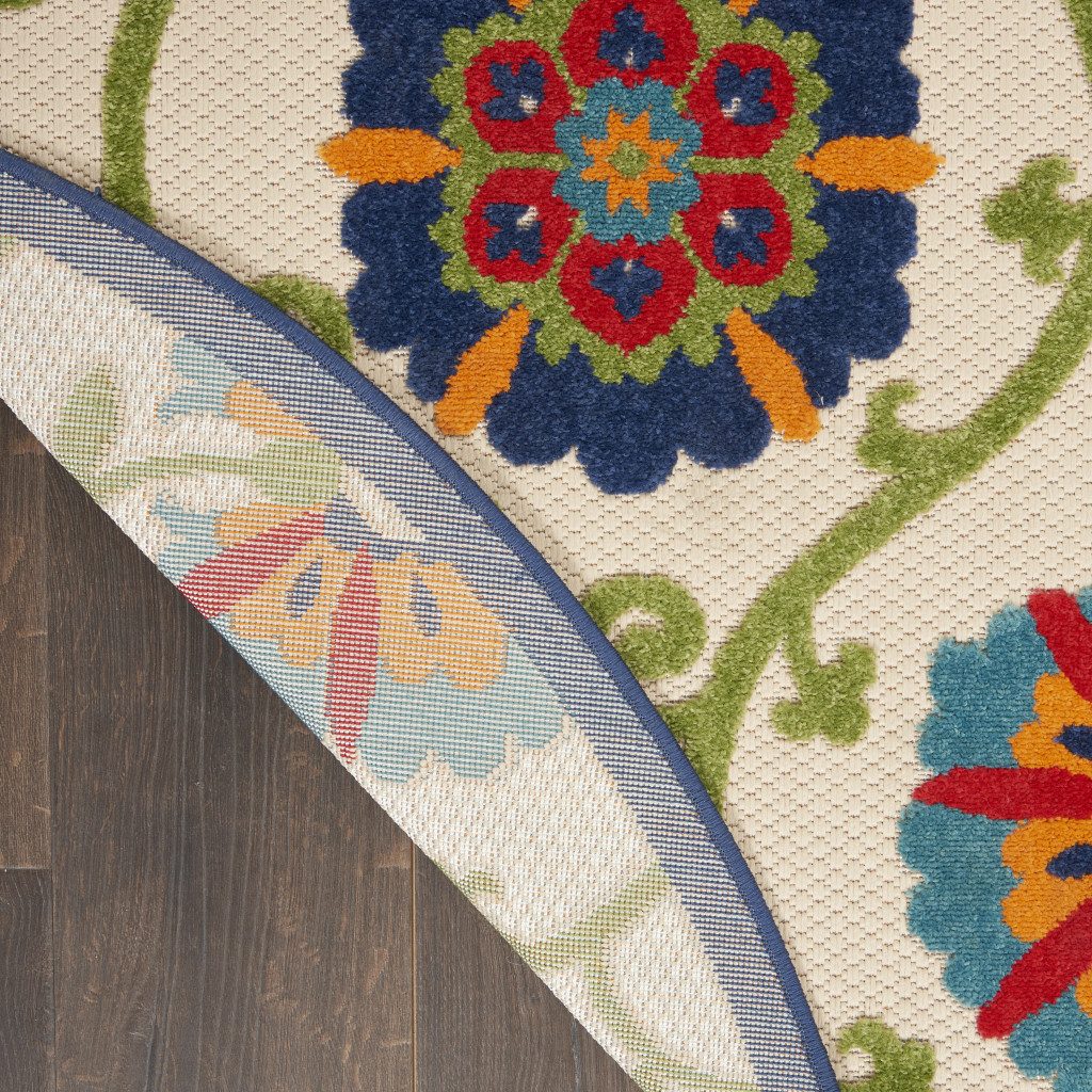4′ Ivory and Blue Indoor Outdoor Round Rug IV