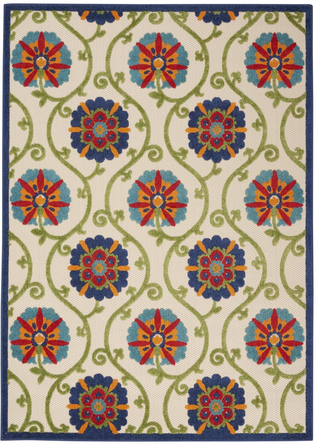 8′ X 11′ Ivory and Blue Indoor-Outdoor Area Rug IV