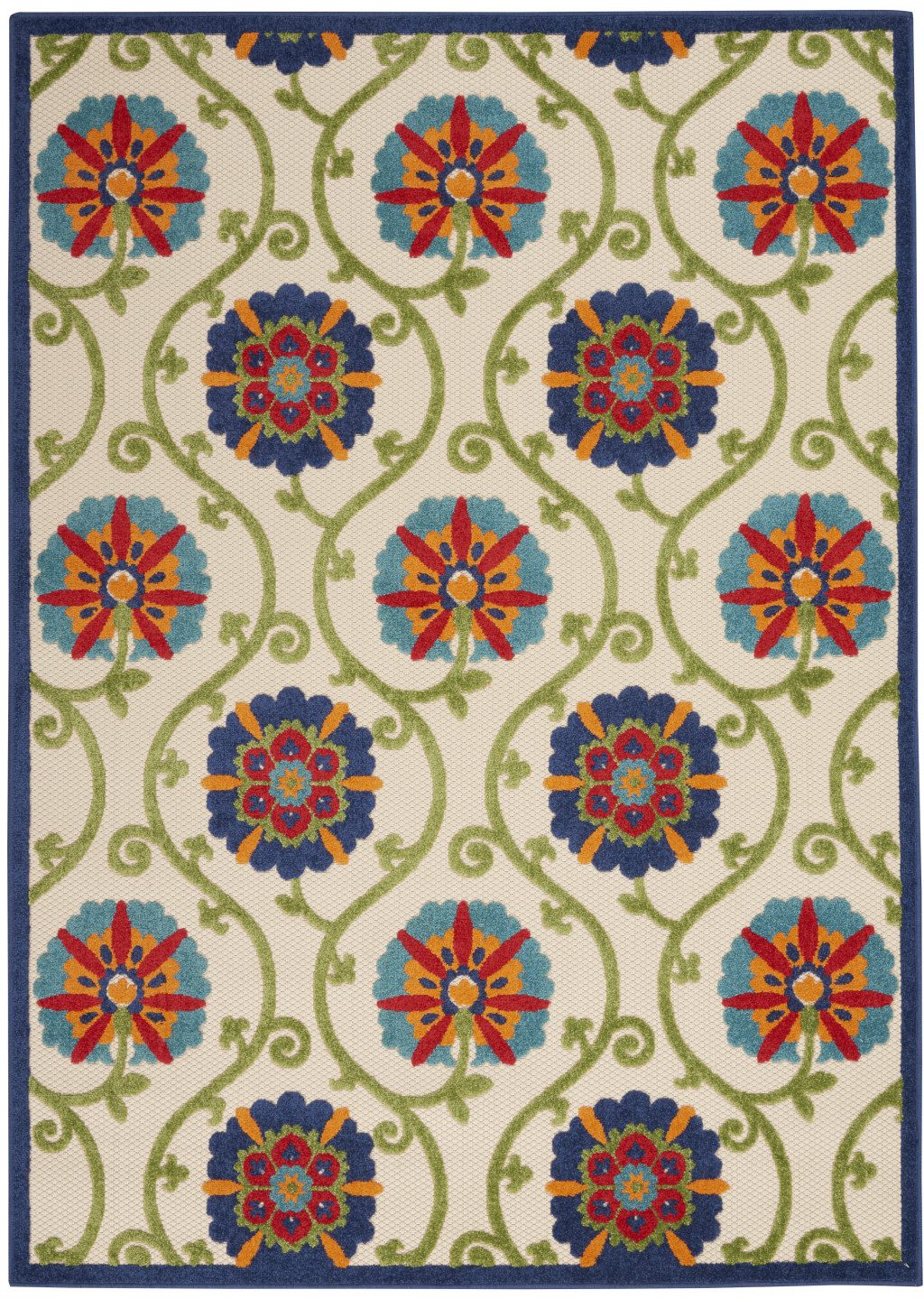 8′ X 11′ Ivory and Blue Indoor-Outdoor Area Rug IV