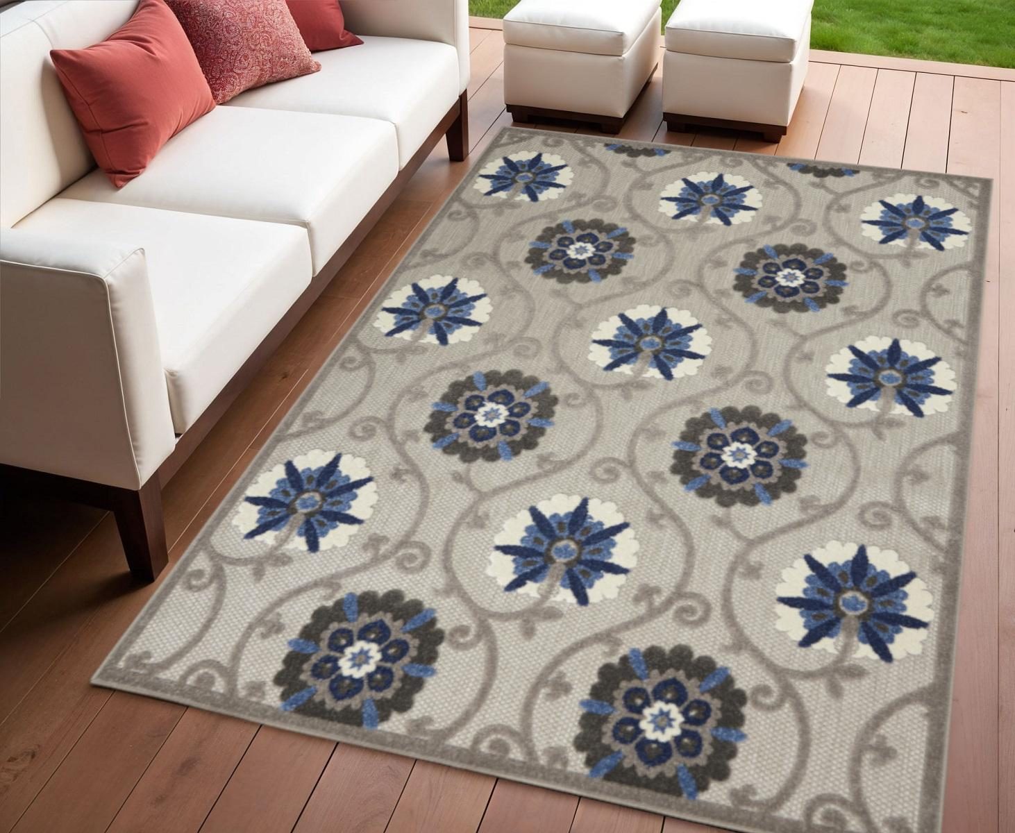 4′ X 6′ Blue and Gray Indoor-Outdoor Area Rug III