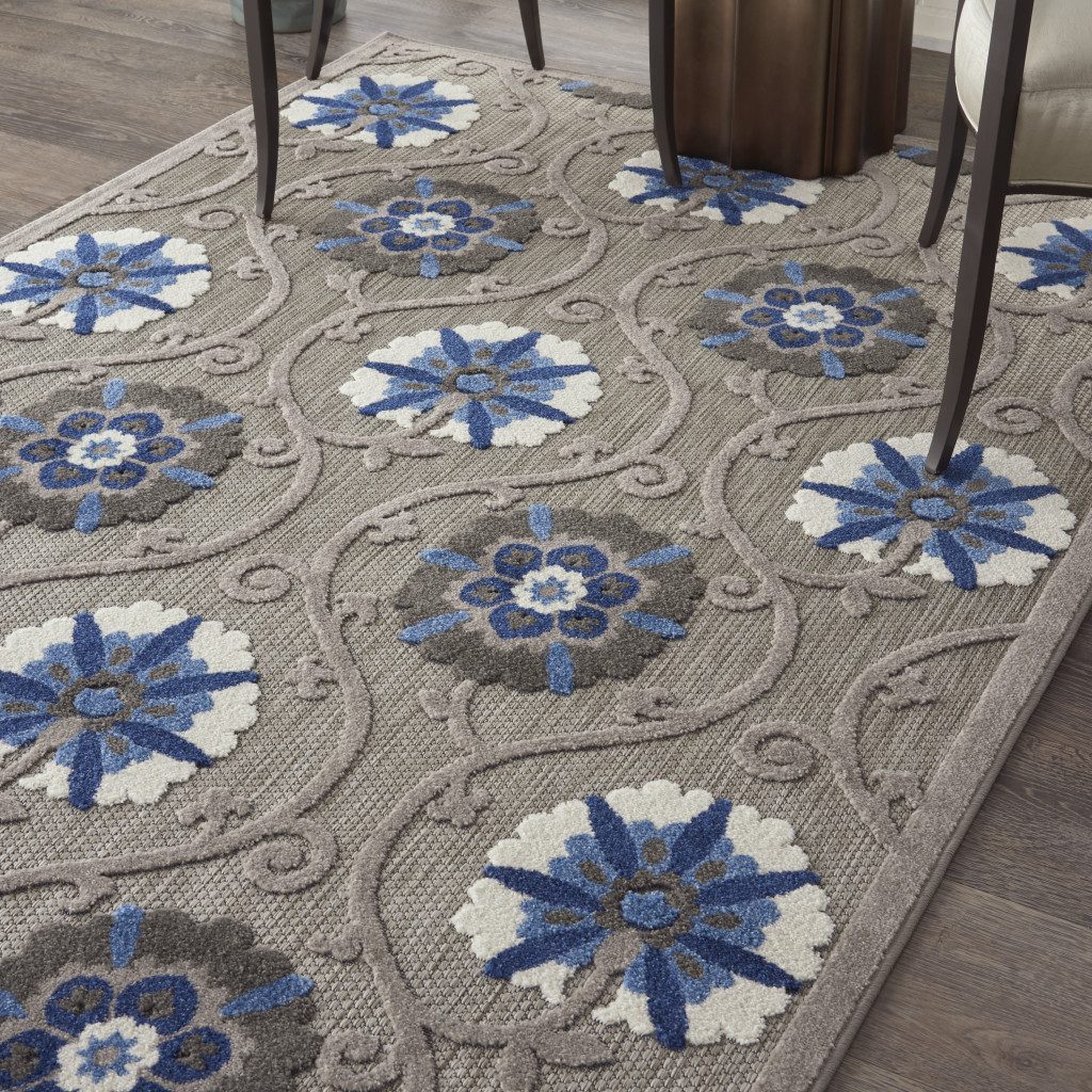 5′ X 8′ Blue Gray Floral Indoor Outdoor Area Rug