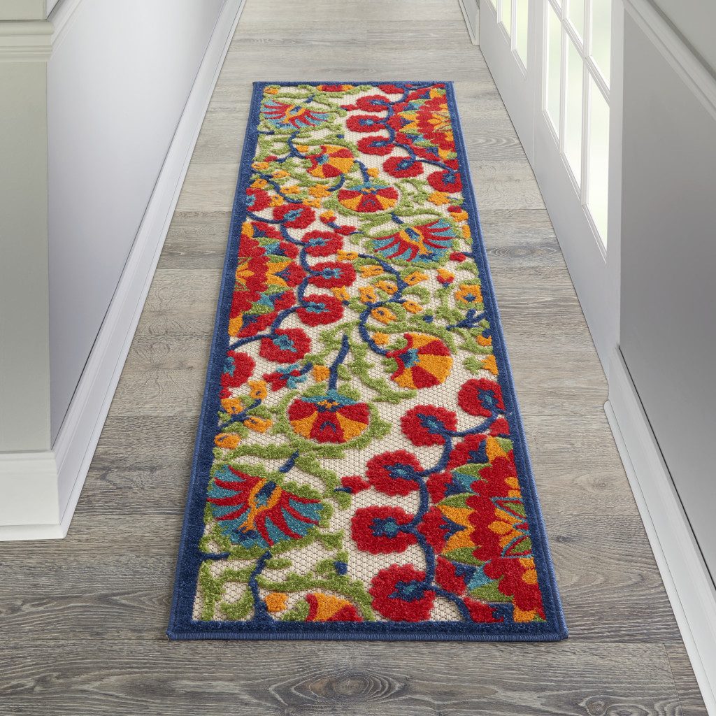 6′ Red and Ivory Floral Indoor Outdoor Area Rug