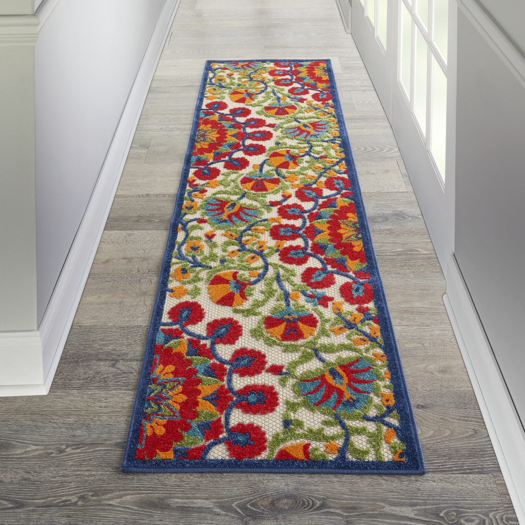 8′ Red and Ivory Floral Indoor Outdoor Area Rug