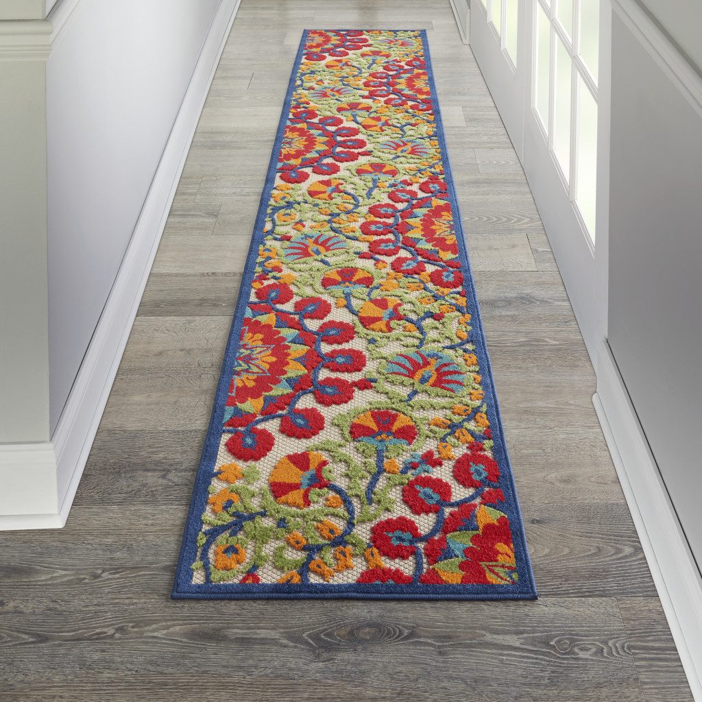 10′ Red and Ivory Floral Indoor Outdoor Area Rug