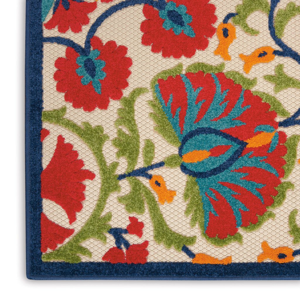10′ Red and Ivory Floral Indoor Outdoor Area Rug