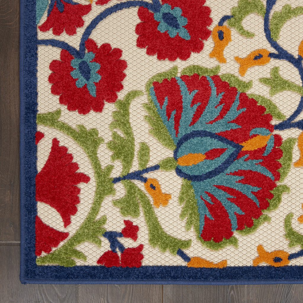 10′ Red and Ivory Floral Indoor Outdoor Area Rug