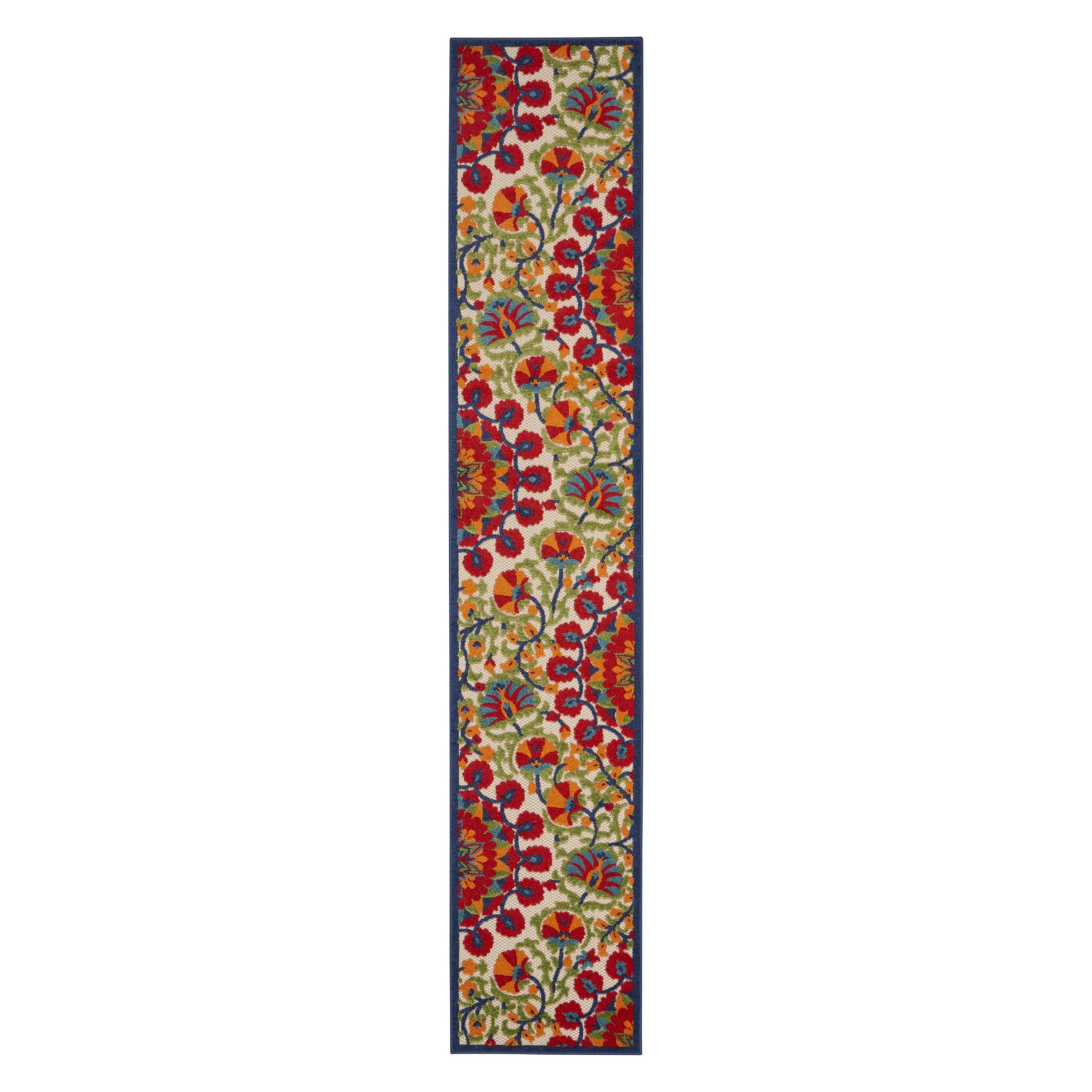 12′ Red and Ivory Floral Indoor Outdoor Runner Rug
