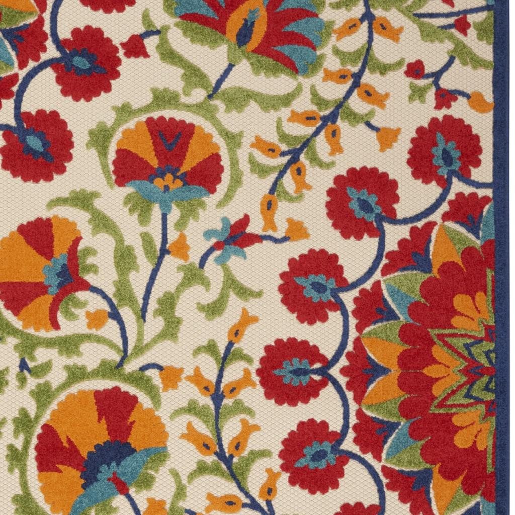 7′ X 10′ Red and Ivory Floral Indoor-Outdoor Area Rug