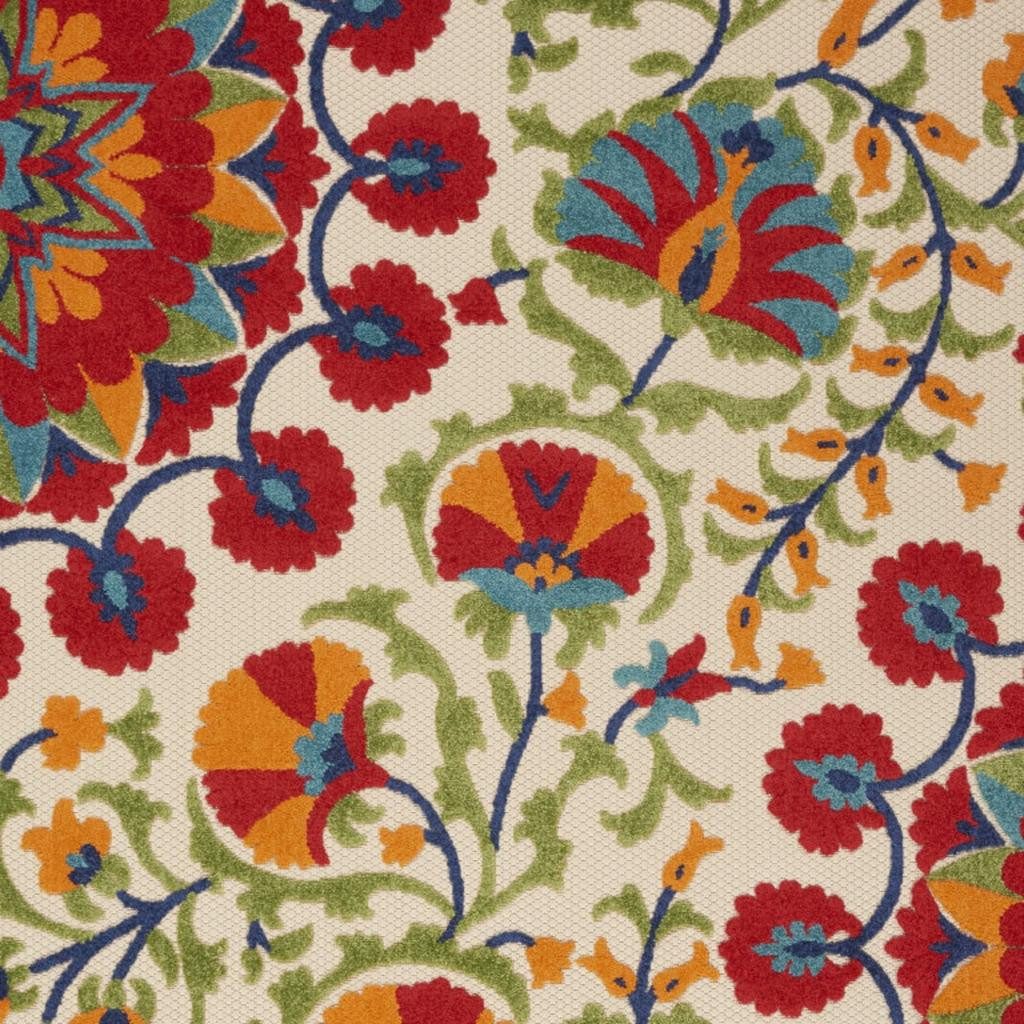 7′ X 10′ Red and Ivory Floral Indoor-Outdoor Area Rug