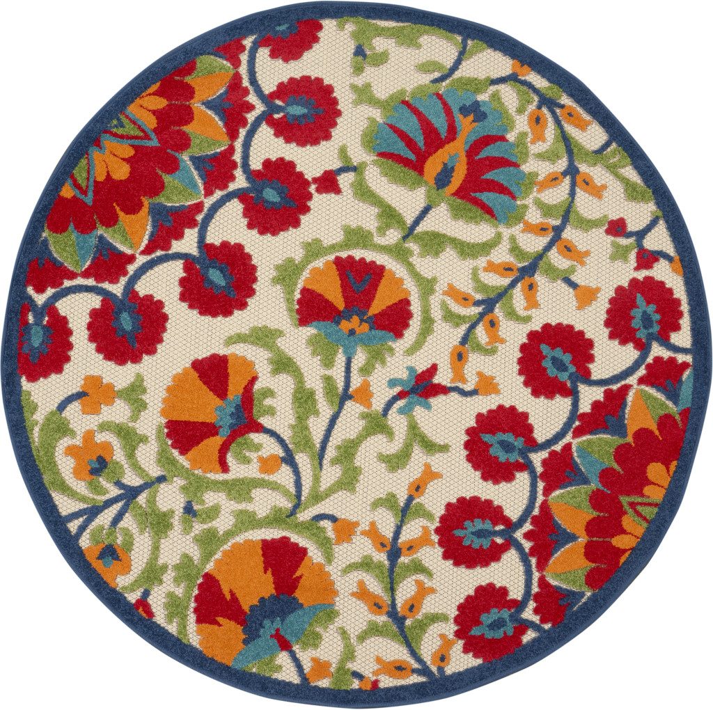 4′ Red and Ivory Floral Indoor Outdoor Round Rug