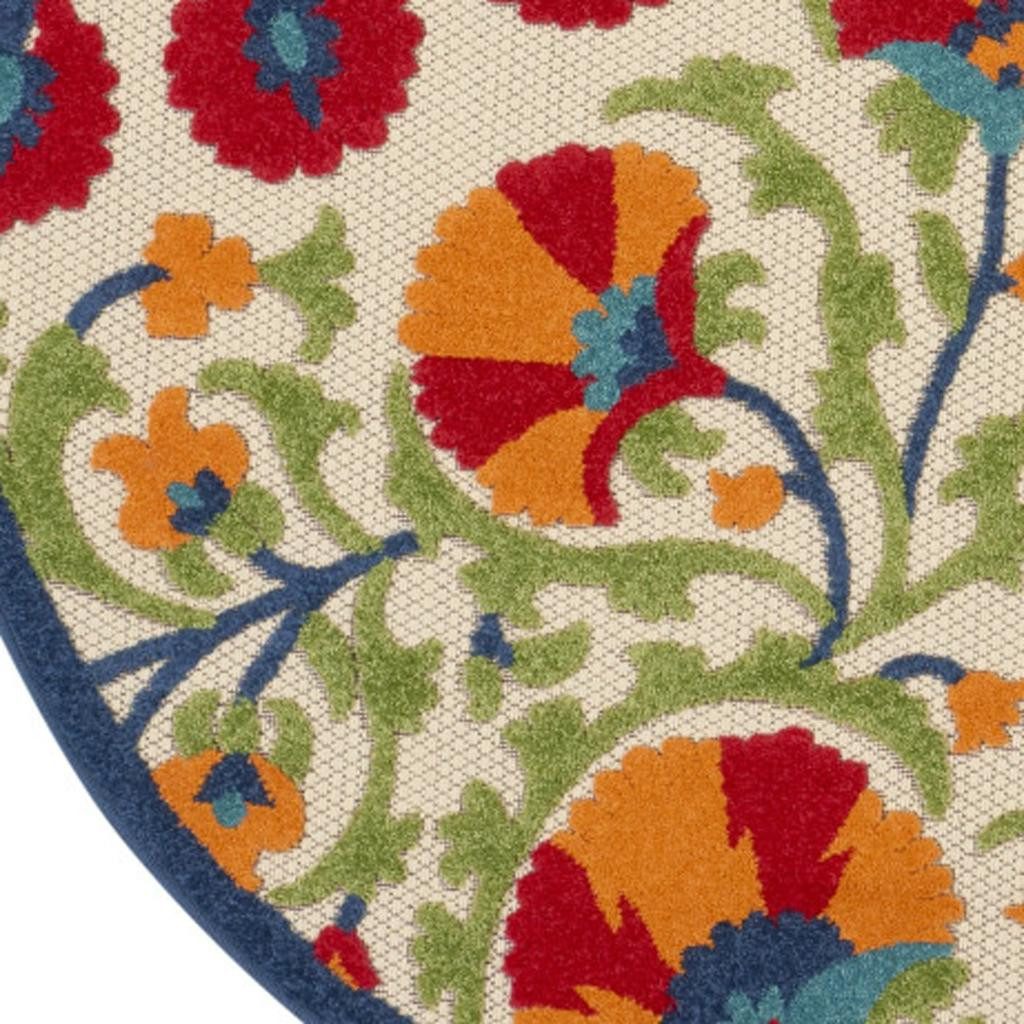 4′ Red and Ivory Floral Indoor Outdoor Round Rug