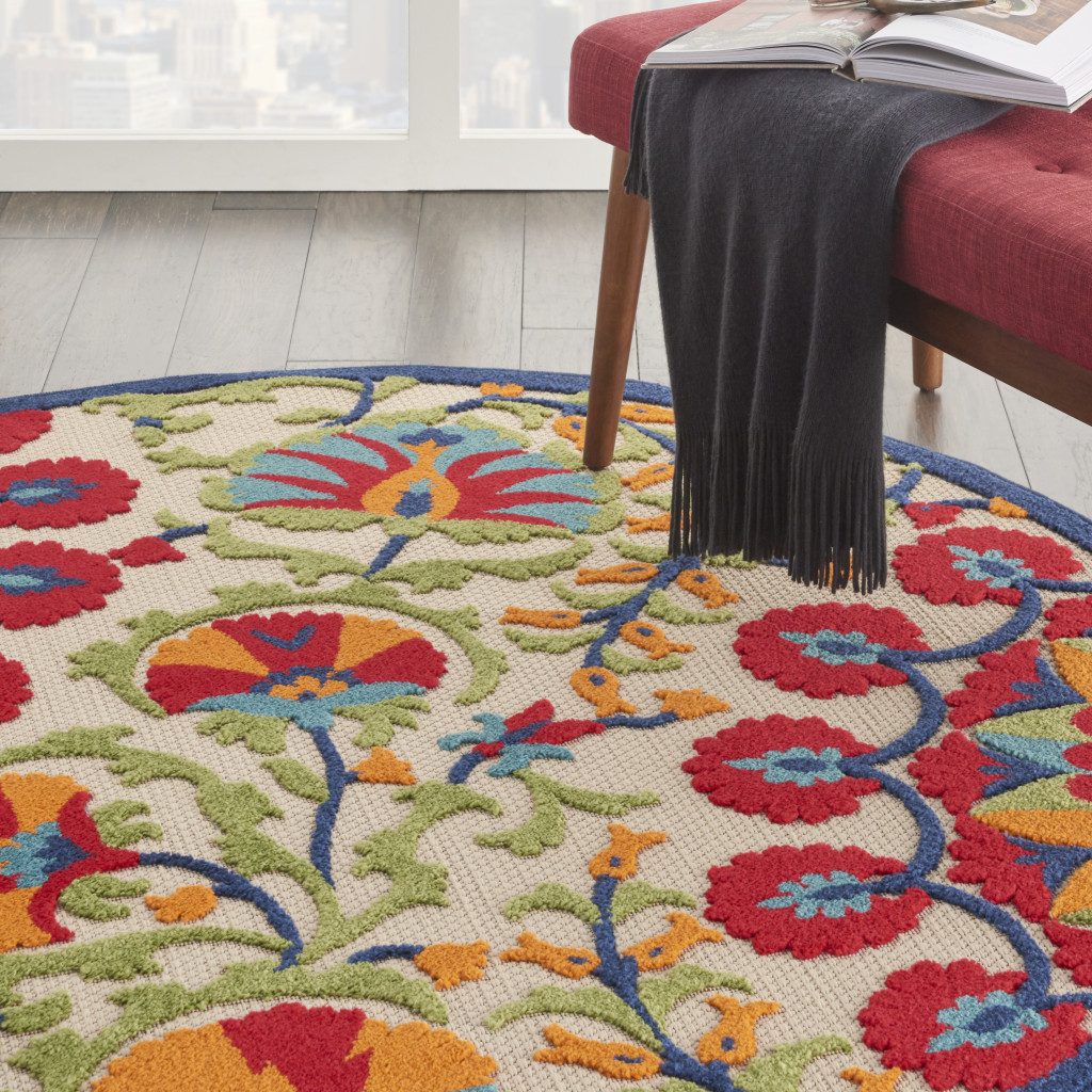 4′ Red and Ivory Floral Indoor Outdoor Round Rug