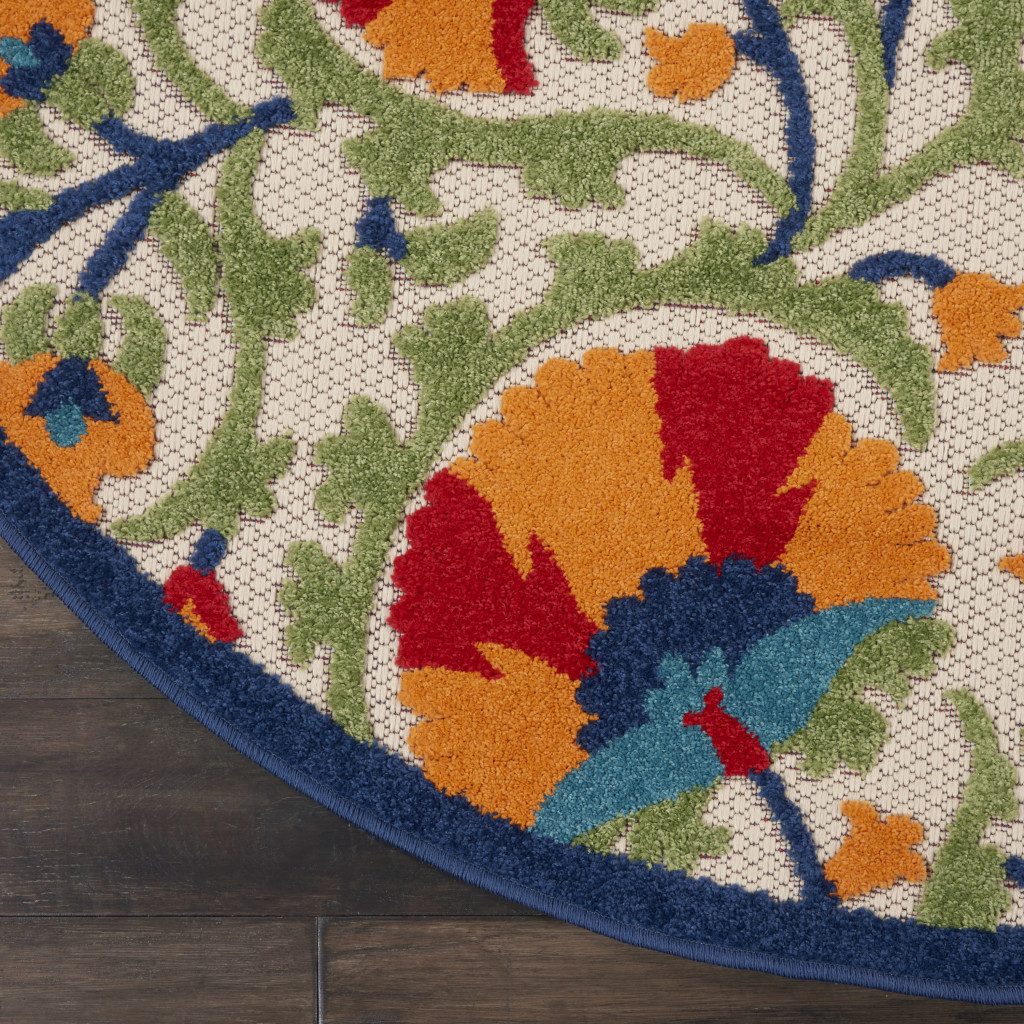 4′ Red and Ivory Floral Indoor Outdoor Round Rug