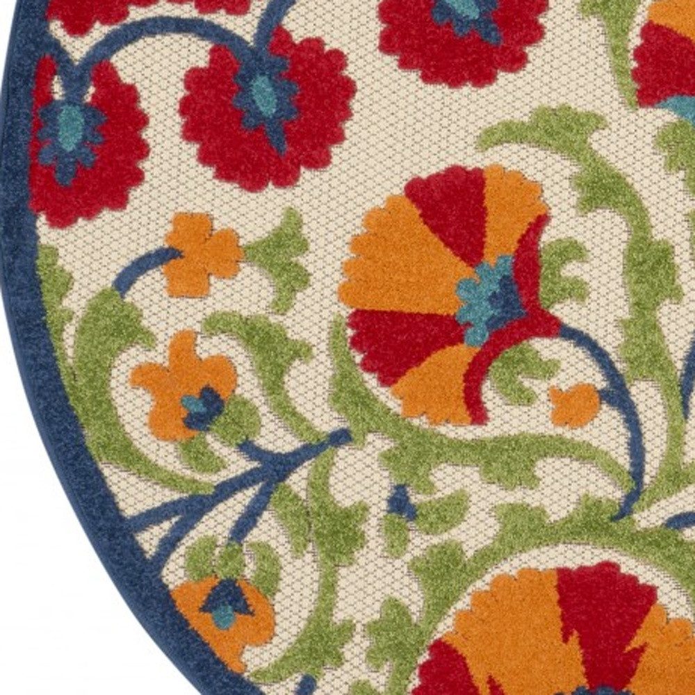 4′ Red and Ivory Floral Indoor Outdoor Round Rug
