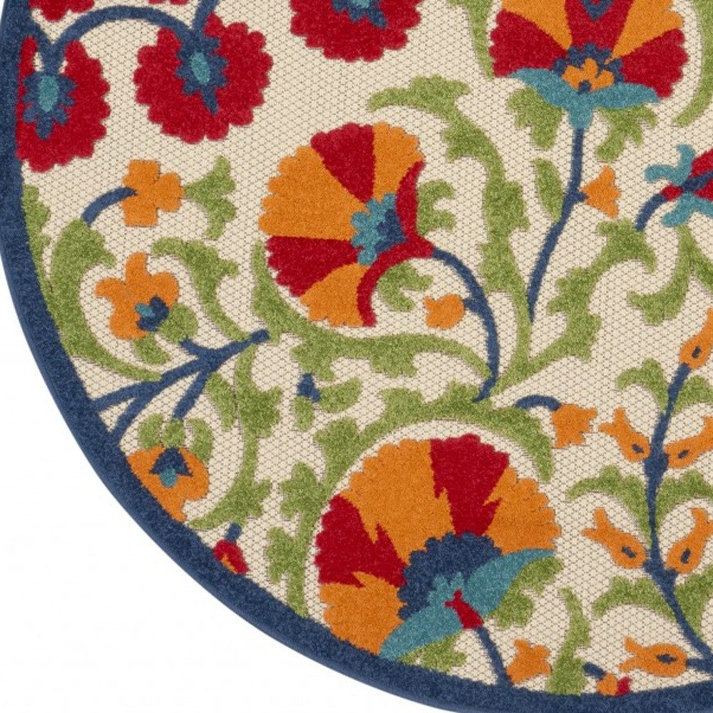 4′ Red and Ivory Floral Indoor Outdoor Round Rug