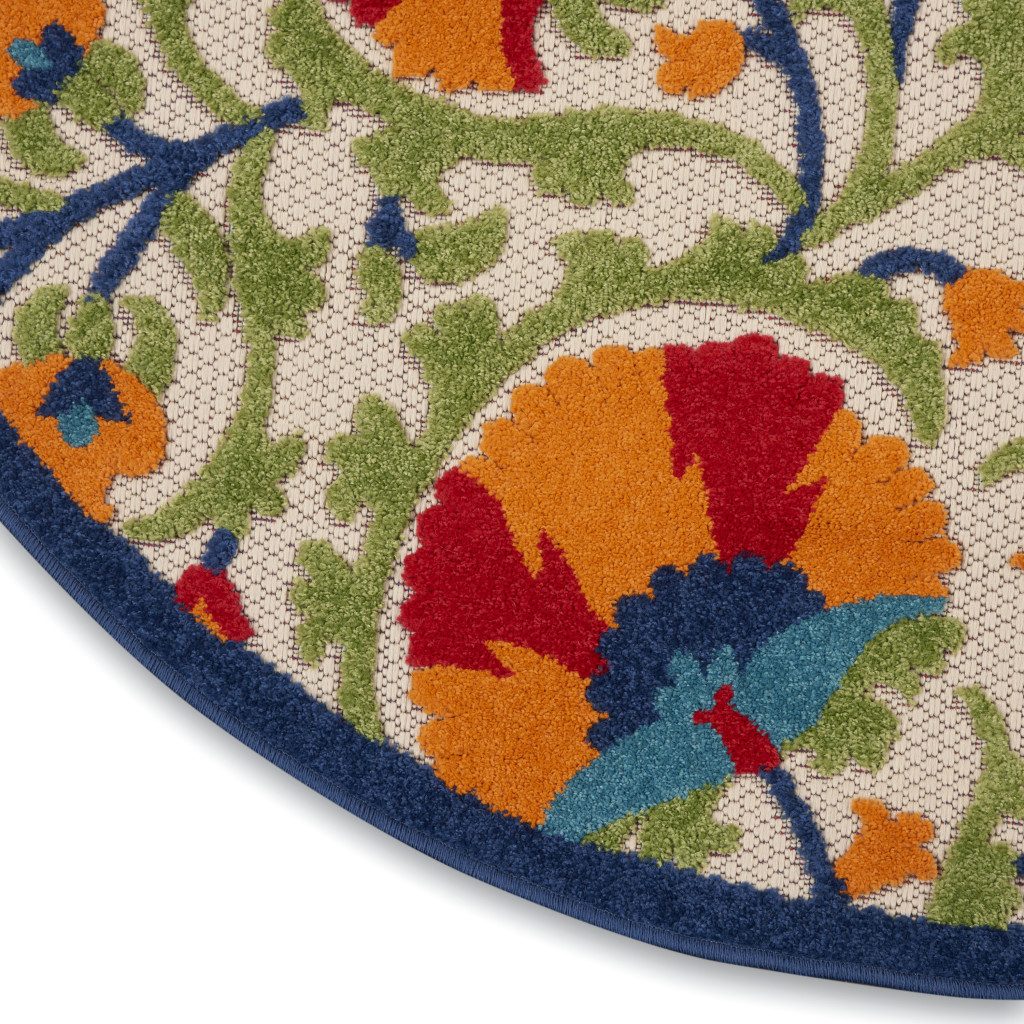 4′ Red and Ivory Floral Indoor Outdoor Round Rug