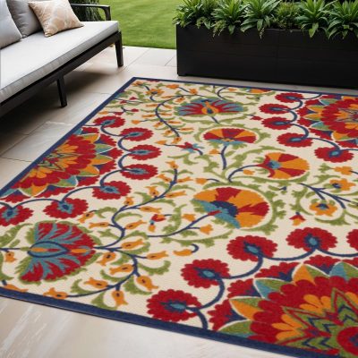 5′ X 8′ Red and Ivory Floral Indoor-Outdoor Area Rug