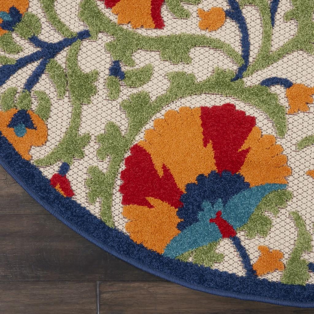 5′ Red And Ivory Floral Indoor Outdoor Round Rug