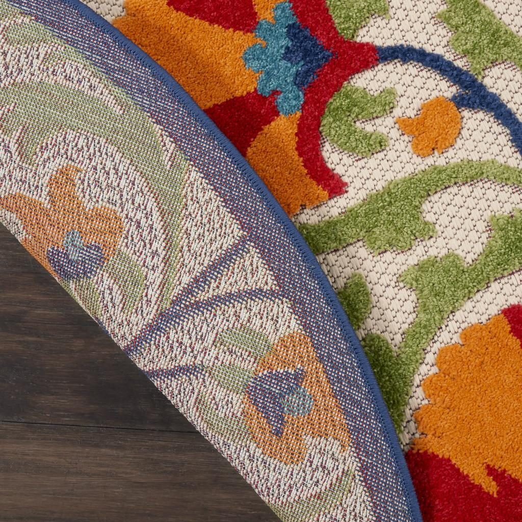 5′ Red And Ivory Floral Indoor Outdoor Round Rug