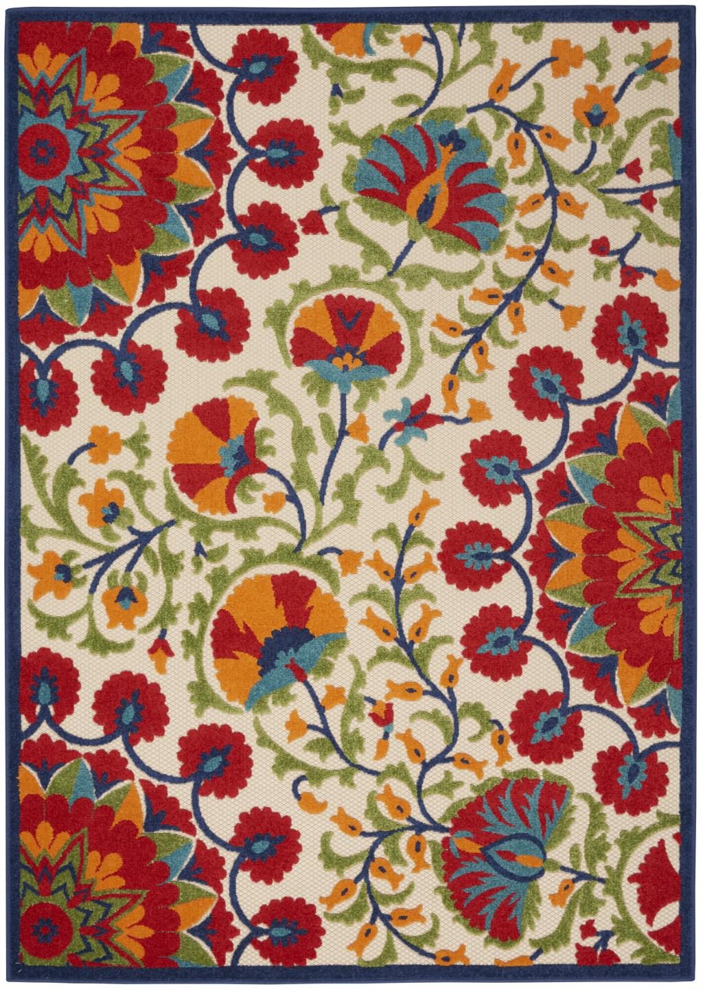 8′ X 11′ Red and Ivory Floral Indoor-Outdoor Area Rug