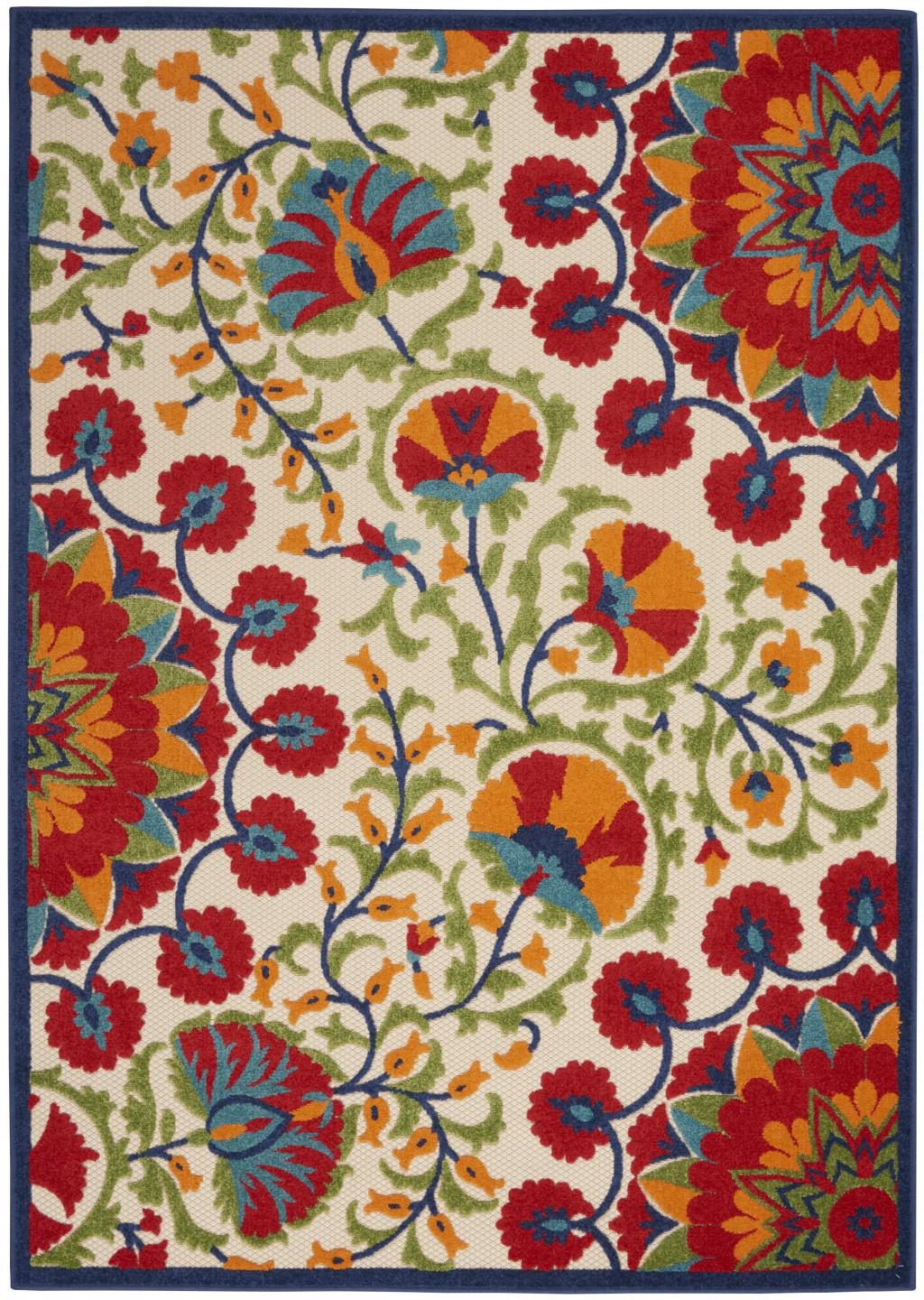 8′ X 11′ Red and Ivory Floral Indoor-Outdoor Area Rug