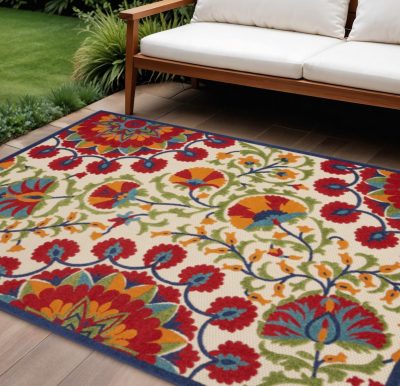8′ X 11′ Red and Ivory Floral Indoor-Outdoor Area Rug