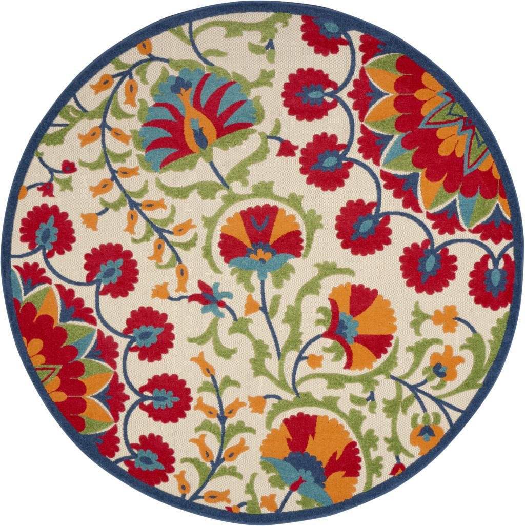 8′ Red and Ivory Floral Indoor Outdoor Round Rug