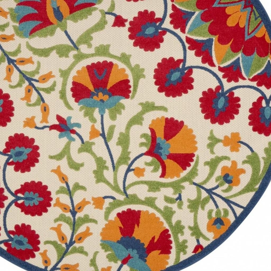 8′ Red and Ivory Floral Indoor Outdoor Round Rug