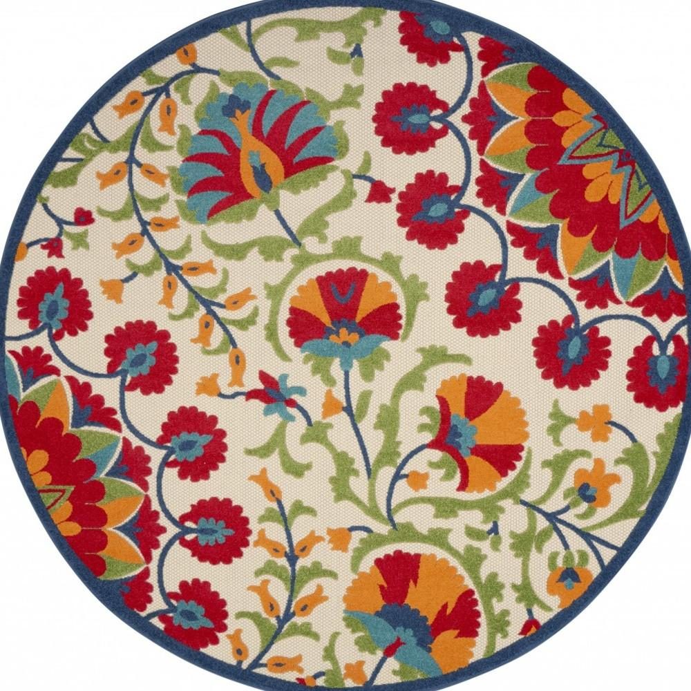 8′ Red and Ivory Floral Indoor Outdoor Round Rug