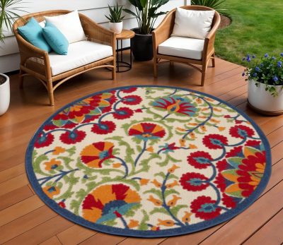 8′ Red and Ivory Floral Indoor Outdoor Round Rug