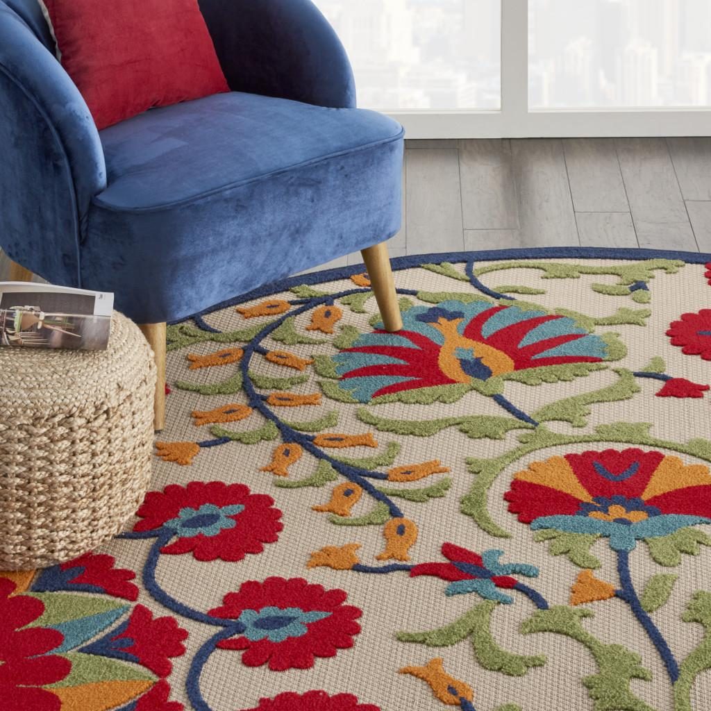 8′ Red and Ivory Floral Indoor Outdoor Round Rug