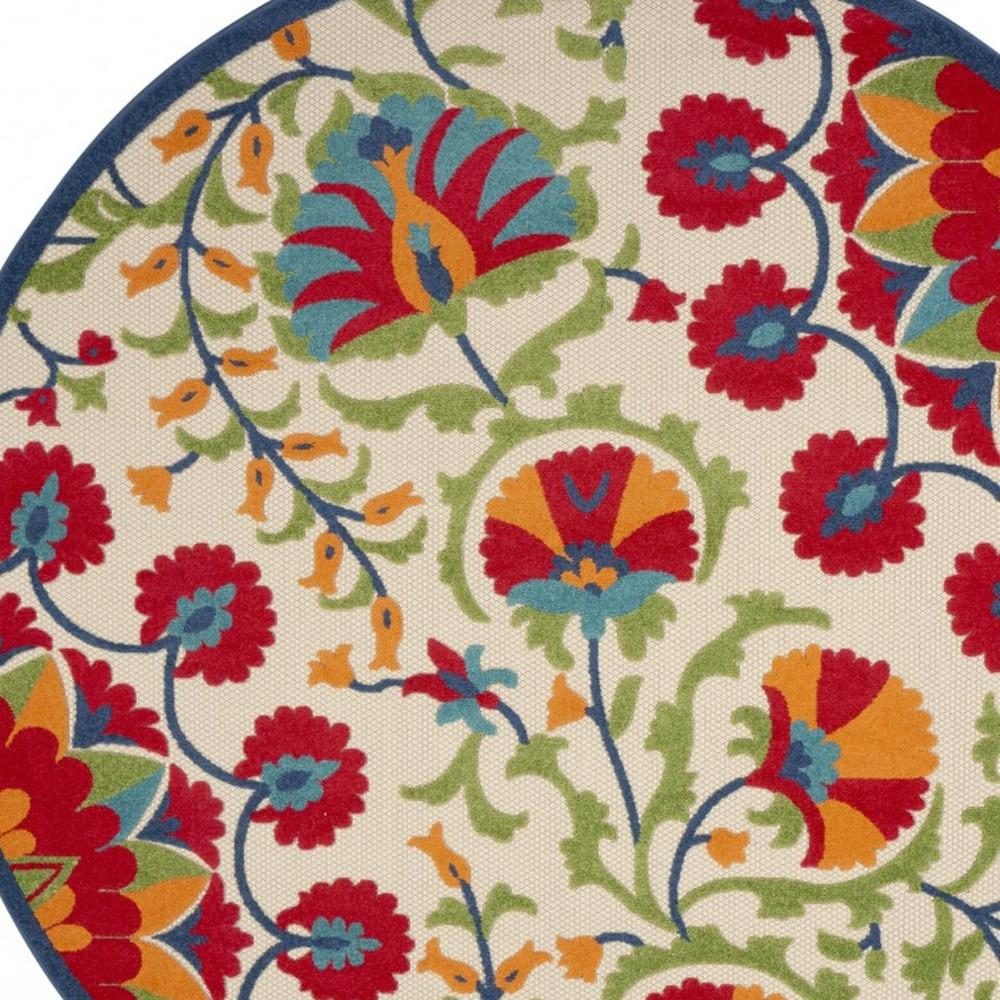 8′ Red and Ivory Floral Indoor Outdoor Round Rug