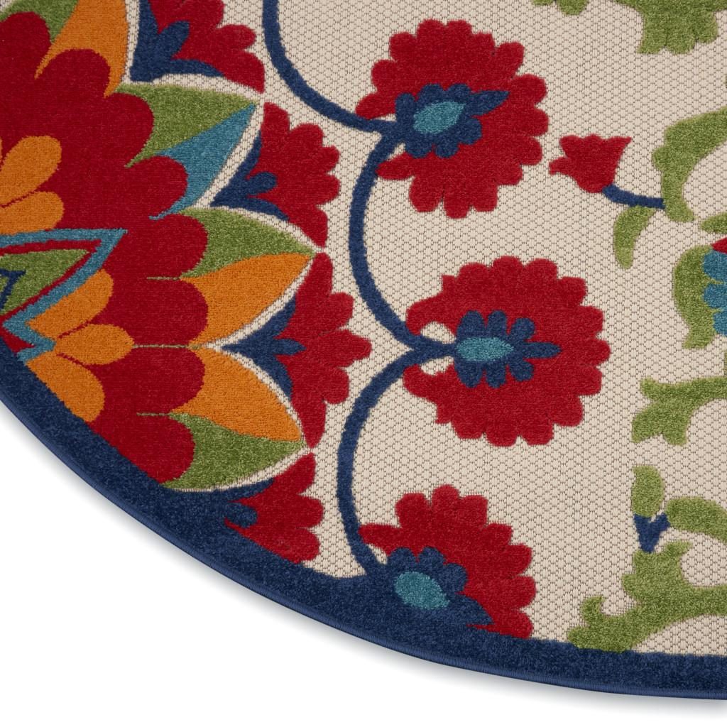 8′ Red and Ivory Floral Indoor Outdoor Round Rug